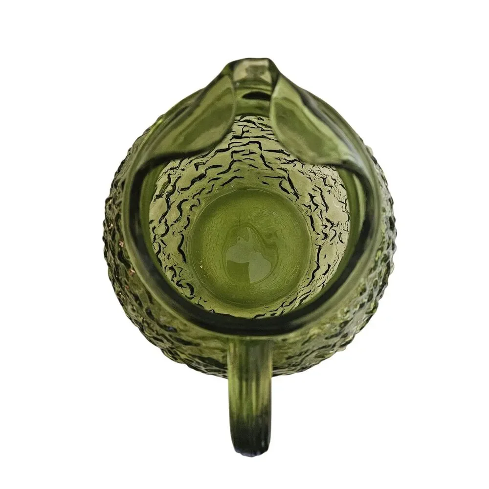 Vintage Anchor Hocking Milano Pattern Avocado Green Crinkle Glass Ball Pitcher‎
